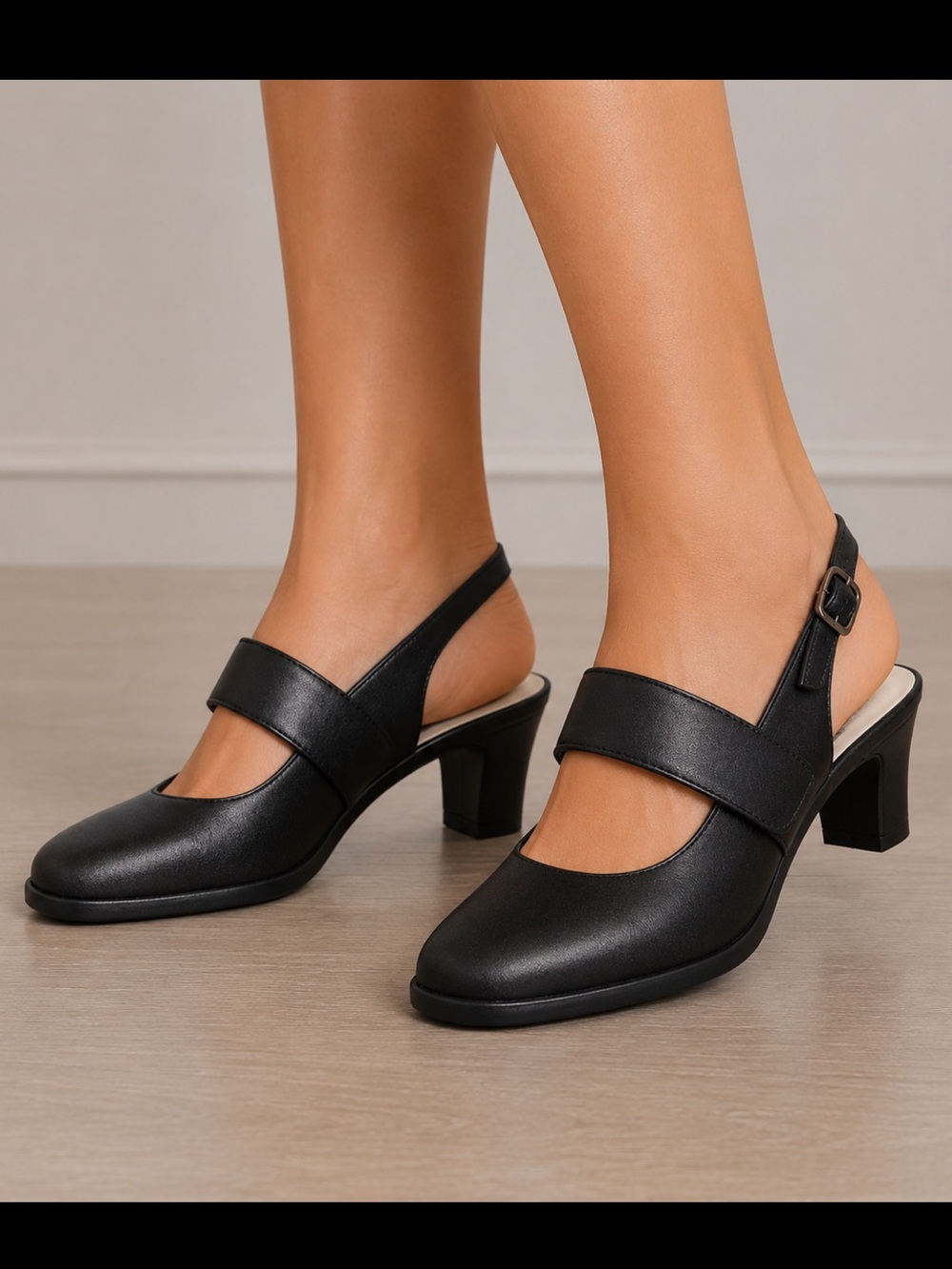 Akaishi Chiyo Classic Black Leather Slingback Mary Jane Mules Heeled Work Pumps